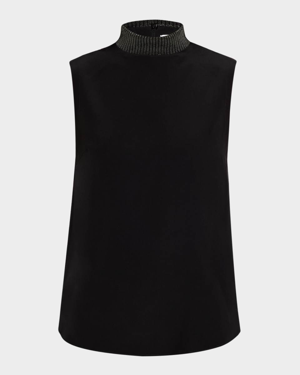 Monili Rib Collar Sleeveless Silk Blous